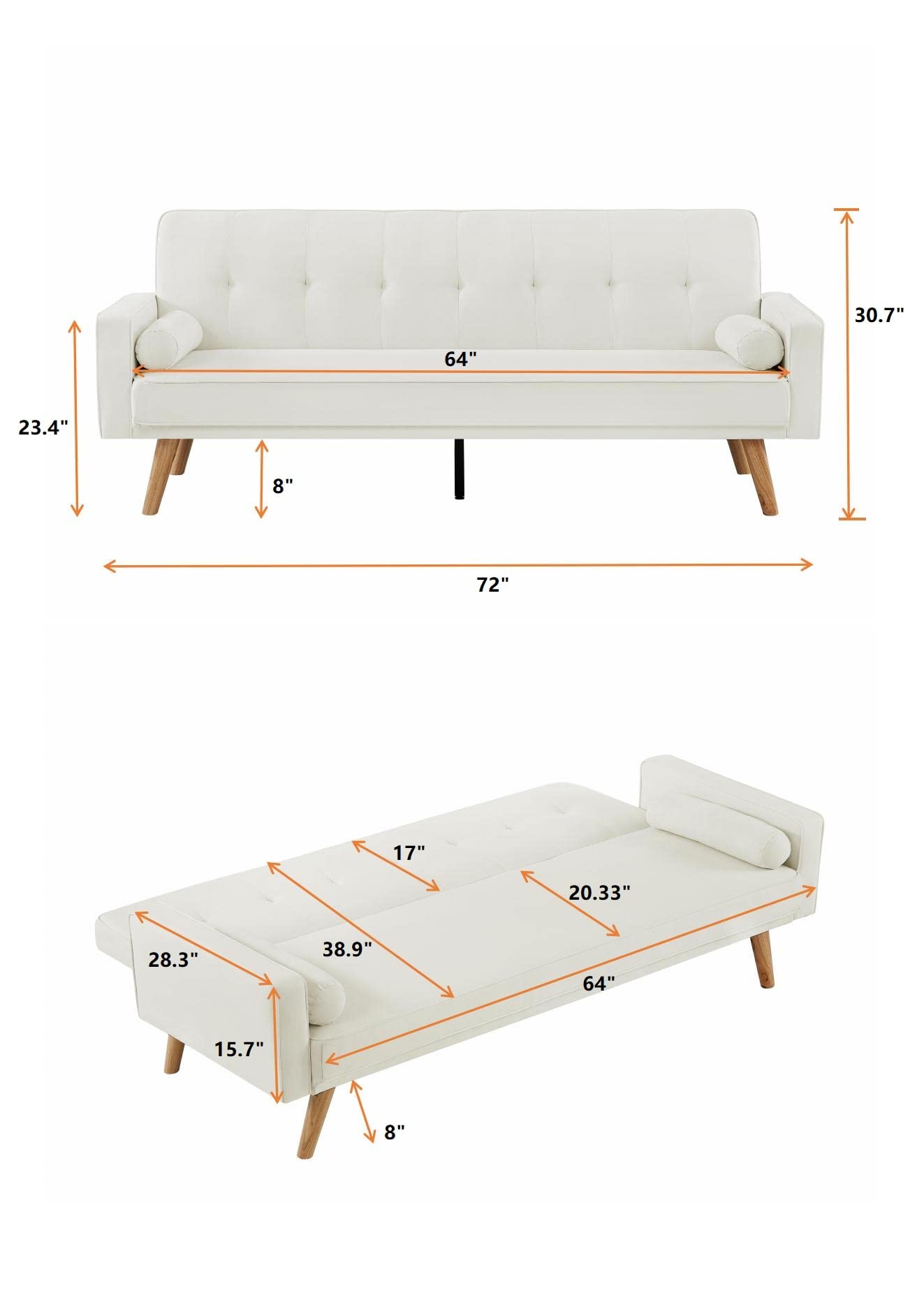 MWrouqfur Modern Fabric Sofa Bed Futon,Convertible Sleeper Loveseat with 2 Pillows and Armrests,75" Folding Recliner Couch Bed with Solid Wood Legs for Living Room Apartments Office (Yellow-New)