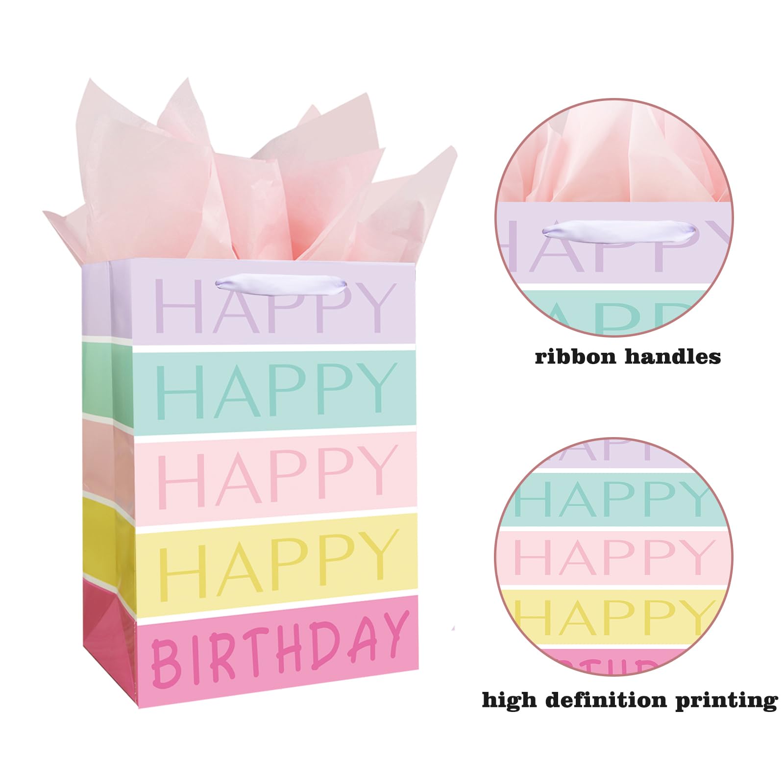 13" Large Happy Birthday Gift Bag with Tissue Paper, Card and Handles for Girls Kids Birthday Party (Rainbow Stripes)