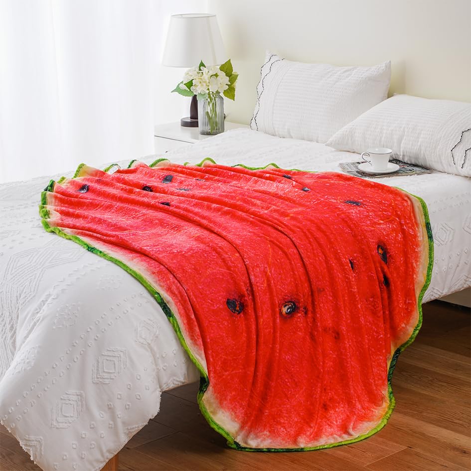 Bunnikins & Clover Watermelon Food Throw Blanket, 71 Inches Double Sided Funny Round Food Blanket Gift for Kids Family and Friends, Super Soft Flannel Fun Throw