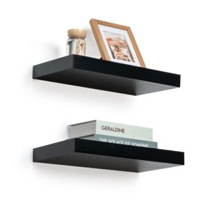 fun memories deep floating shelves - 16" w x 9" d x 1.6" h rustic black wall shelf - wall mounted shelves for storage - wooden shelves with invisible brackets for living room, farmhouse - set of 2