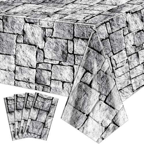 4Pcs Stone Wall Tablecloths, Cobblestone Tablecloths, Rectangular Brick Tablecloth, Stone Printed Table Cover, Stone Wall Backdrop for Medieval Castle Knight Halloween Party Supplies, 51 x 86 Inch