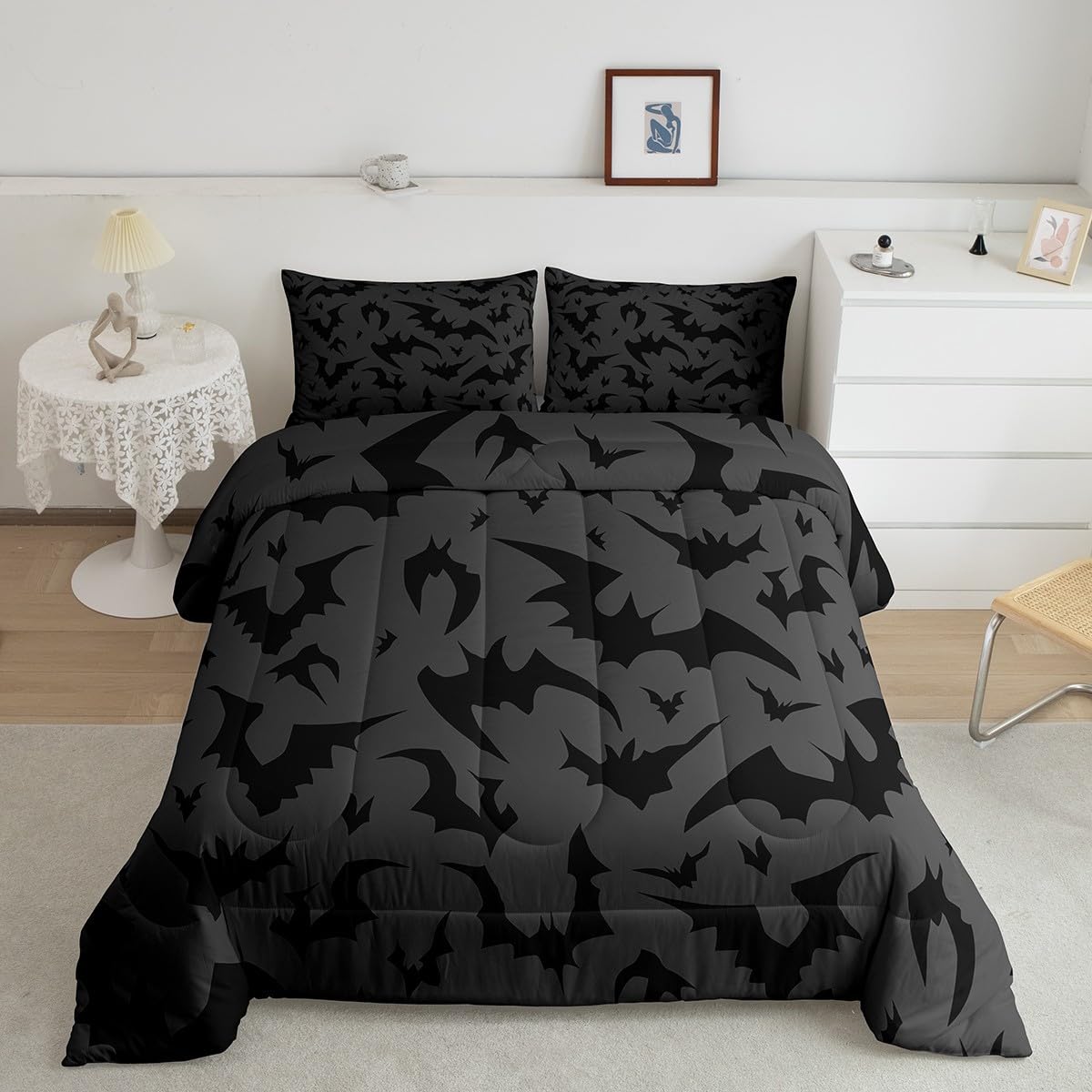 Homewish Bats Pattern Comforter Set,Night Bedding Set for Kids Girls Women,Adults Bats Comforter,Black and Gray Quilted Duvet Set Bedroom Collection Twin Size 2Pcs