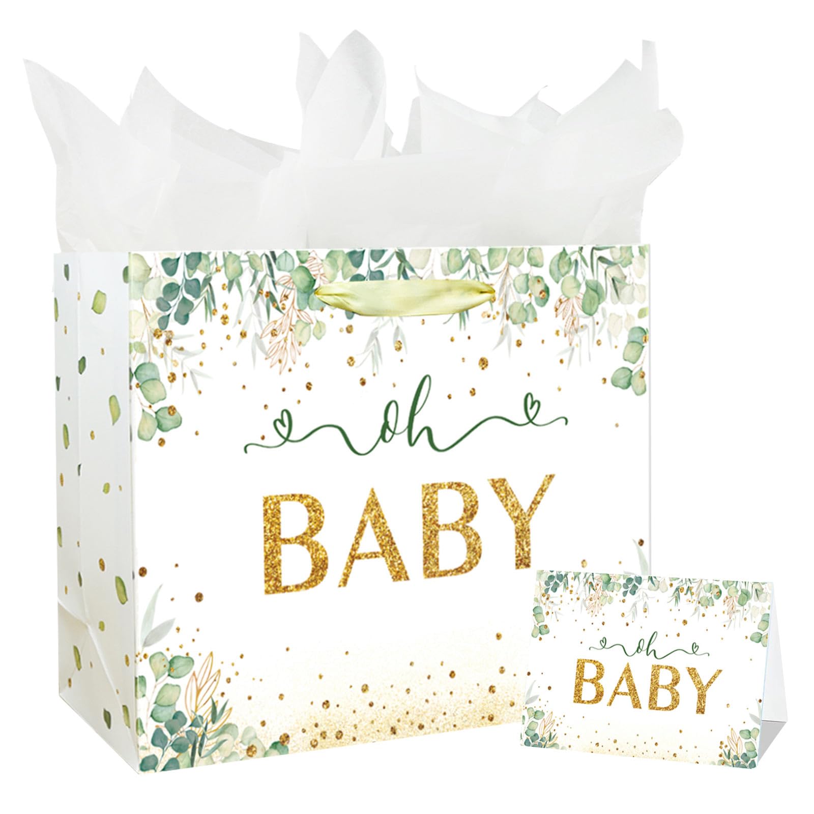 13" Large Baby Boy Girl Gift Bag for Baby Shower or Birthday with Handle, Tissue Paper and Greeting Card (Sage Green Design)