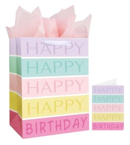 13" large happy birthday gift bag with tissue paper, card and handles for girls kids birthday party (rainbow stripes)