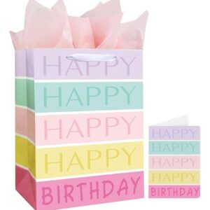 13" Large Happy Birthday Gift Bag with Tissue Paper, Card and Handles for Girls Kids Birthday Party (Rainbow Stripes)