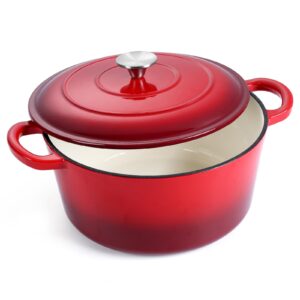 e-far enameled cast iron dutch oven with lid, 6 quart round dutch oven pot nonstick cookware for braising, stews, roasting, bread baking, cooking, heavy duty, induction & oven safe - red