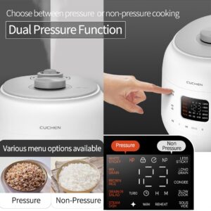 CUCHEN CRS-FWK0640WUS | Dual Heating Pressure Rice Cooker 6 Cup (Uncooked) (1.14 quarts): 6 person serving / per use | High/Non-Pressure | Triple Power Packing | Easy Open Handle | Stainless Cover | Auto Steam Clean | White