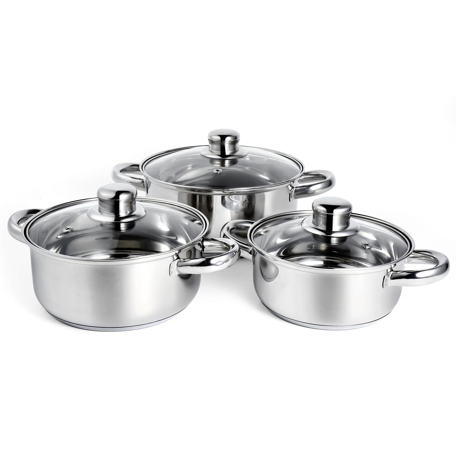 KroWallu 6-Piece Stainless Steel Pot Set, Non Stick Cookware Set with Lids (1.2 QT/1.6 QT/2.5 QT), Saucepan with Stay-Cool Handle, Dishwasher Safe, Compatible with Most Stovetops