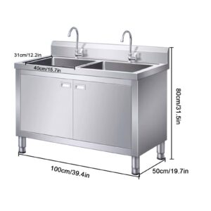 2 Compartment Commercial/Industrial Sink,Free Standing Kitchen Stainless Steel Sink Cabinet,Laundry Sink With Cabinet, Stainless Steel Utility Sinks(100cm/39.4in double slot)