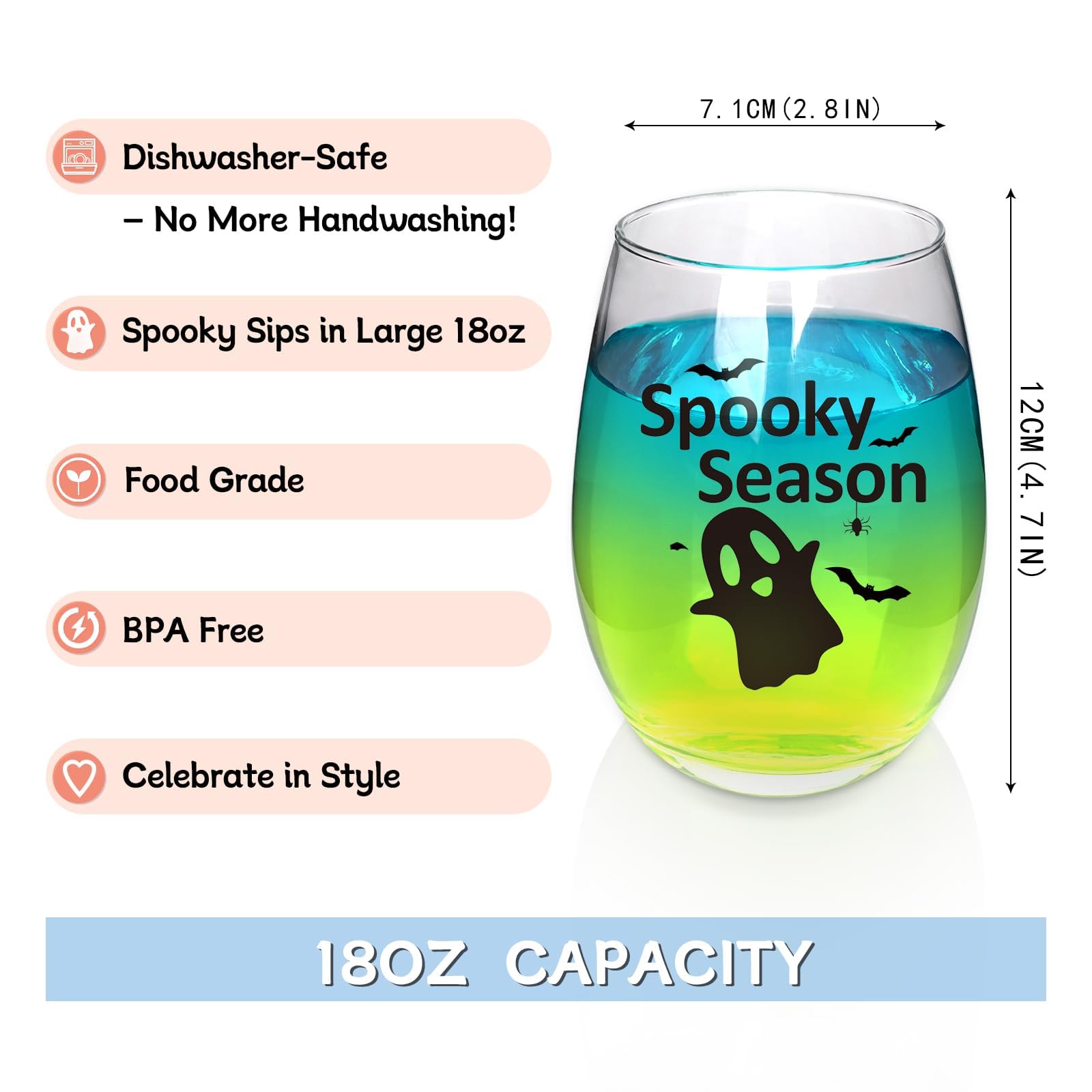 CNVOILA Halloween Wine Glass with Cute Ghost Design -Halloween Gifts for Women Spooky Season Stemless Drinkware - Ideal for Halloween Parties and Fall Decor - Festive Beverage Cup 18oz