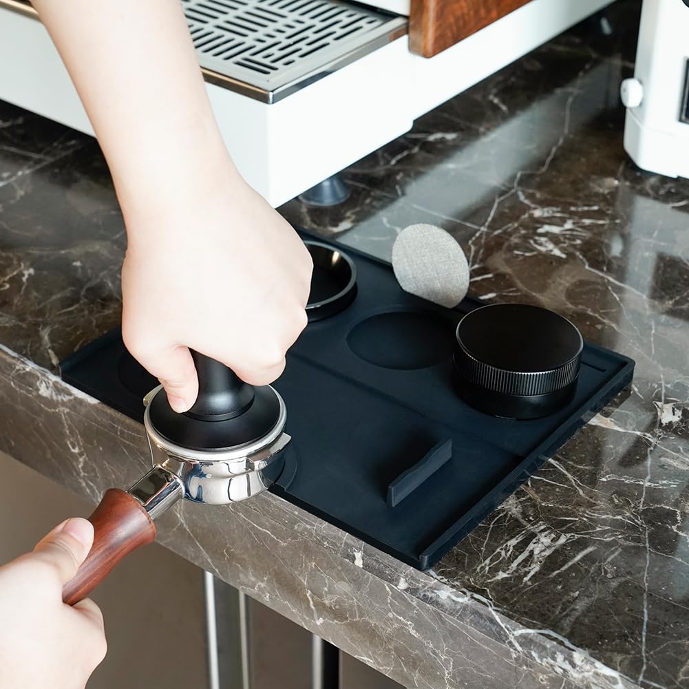 Espresso Tamping Mat - Espresso Tamping Station Food Grade Silicone Coffee Tamper Mat Espresso Accessory for Baristas Home Kitchen Bar Coffee Shop 9.84Inch x 7.87Inch (Black)