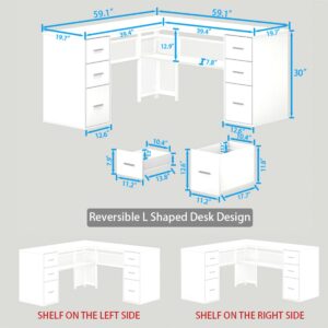 HSH White L Shaped Desk with Drawers Shelves, Large Home Office Corner Computer Desk with Storage File Cabinet, Modern Metal Wood Desk for Executive Writing Study Workstation, 59 Inch Bedroom Table