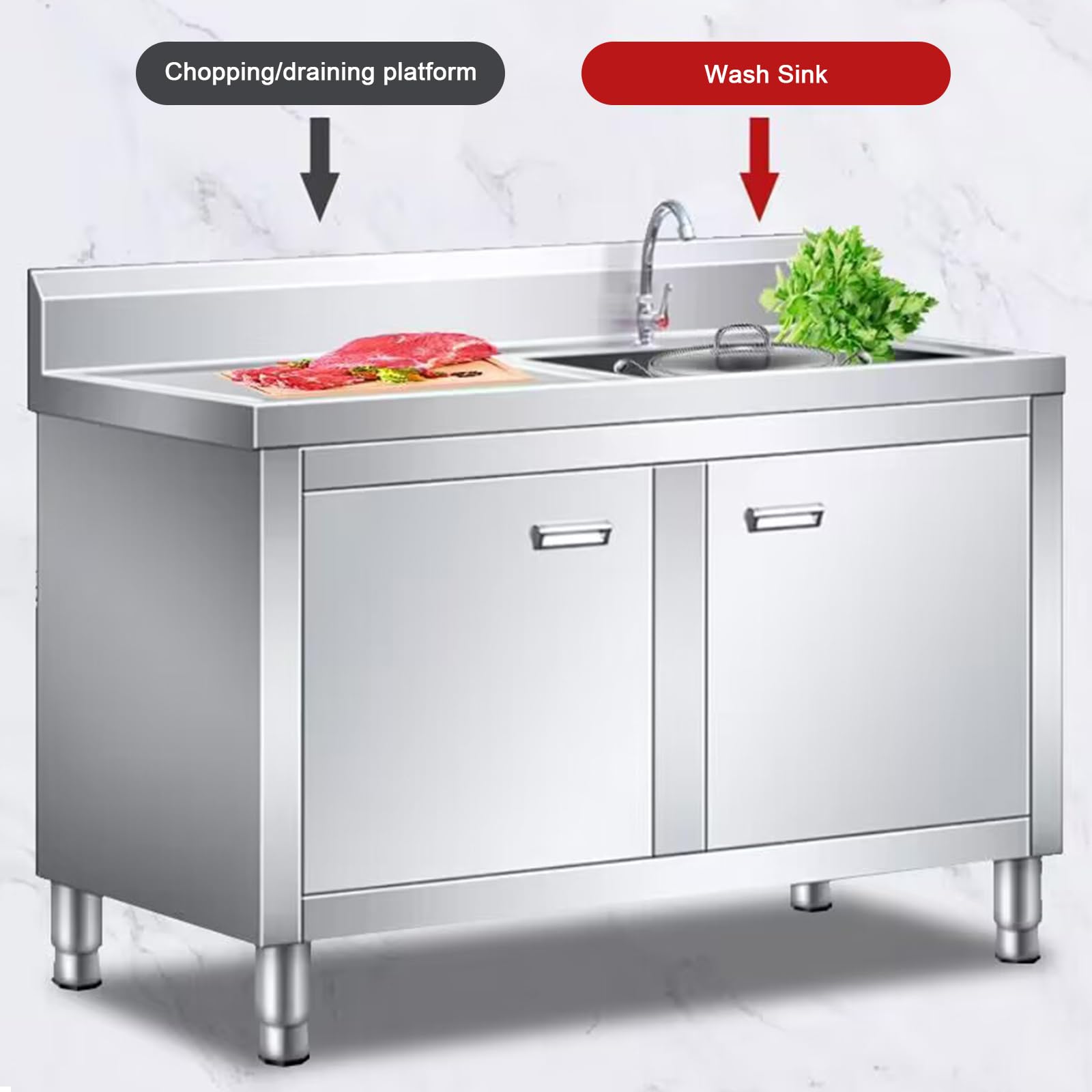 2 Compartment Commercial/Industrial Sink,Free Standing Kitchen Stainless Steel Sink Cabinet,Laundry Sink With Cabinet, Stainless Steel Utility Sinks(100cm/39.4in double slot)