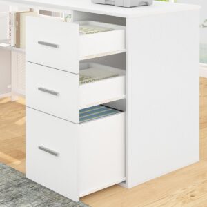 HSH White L Shaped Desk with Drawers Shelves, Large Home Office Corner Computer Desk with Storage File Cabinet, Modern Metal Wood Desk for Executive Writing Study Workstation, 59 Inch Bedroom Table