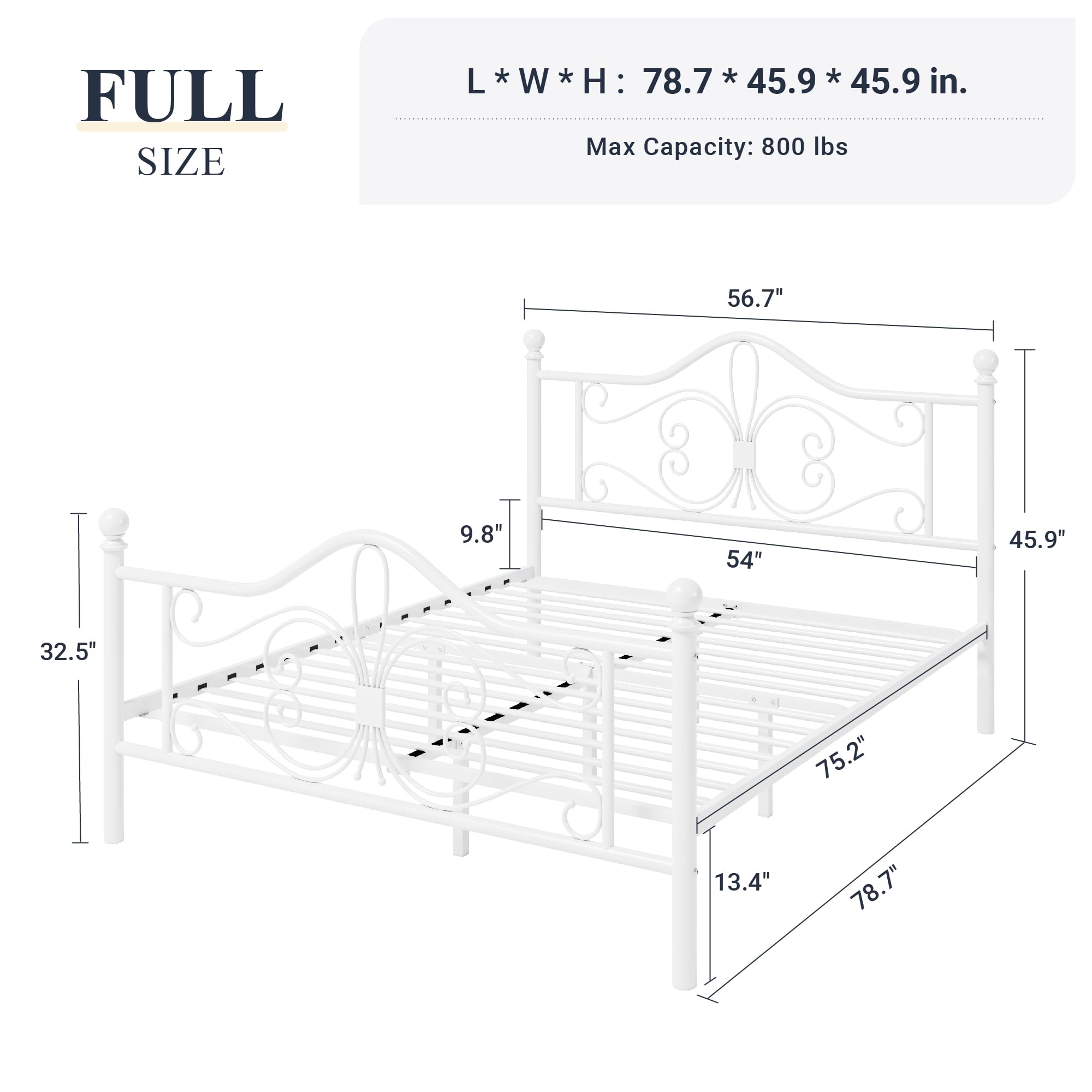 Allewie Full Size Bed Frame with Headboard,Metal Bed Frame with Butterfly Pattern Design Headboard & Footboard,No Box Spring Needed,Easy Assembly,White