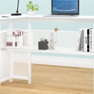 HSH White L Shaped Desk with Drawers Shelves, Large Home Office Corner Computer Desk with Storage File Cabinet, Modern Metal Wood Desk for Executive Writing Study Workstation, 59 Inch Bedroom Table