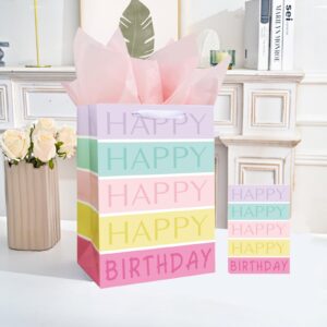 13" Large Happy Birthday Gift Bag with Tissue Paper, Card and Handles for Girls Kids Birthday Party (Rainbow Stripes)