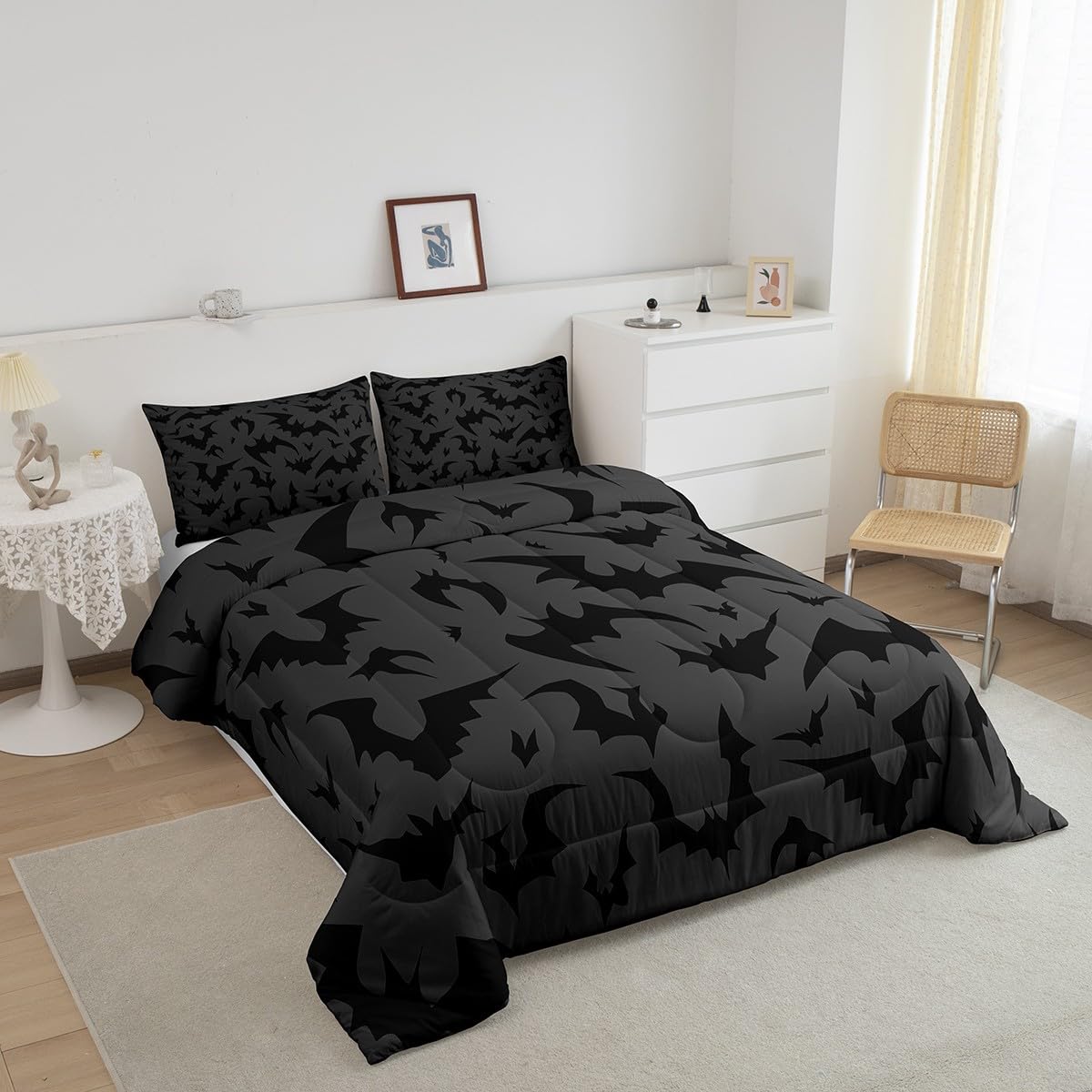 Homewish Bats Pattern Comforter Set,Night Bedding Set for Kids Girls Women,Adults Bats Comforter,Black and Gray Quilted Duvet Set Bedroom Collection Twin Size 2Pcs