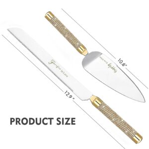 ROXBURGH Wedding Cake Knife and Server Set, 420 Stainless Steel Gold Cake Cutter and Pie Server Slicer, Rhinestones Studded Handle Cake Cutting Set for Wedding, Engagement Present for Groom and Bride