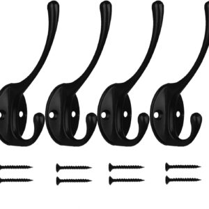 Kruodop 4Pcs Coat Hooks Wall Hooks for Hanging Heavy Duty, Wall Mounted Black Towel Hooks, Metal Single Coat Hanger with Screws Cup Retro for Coats, Handbags, Towels