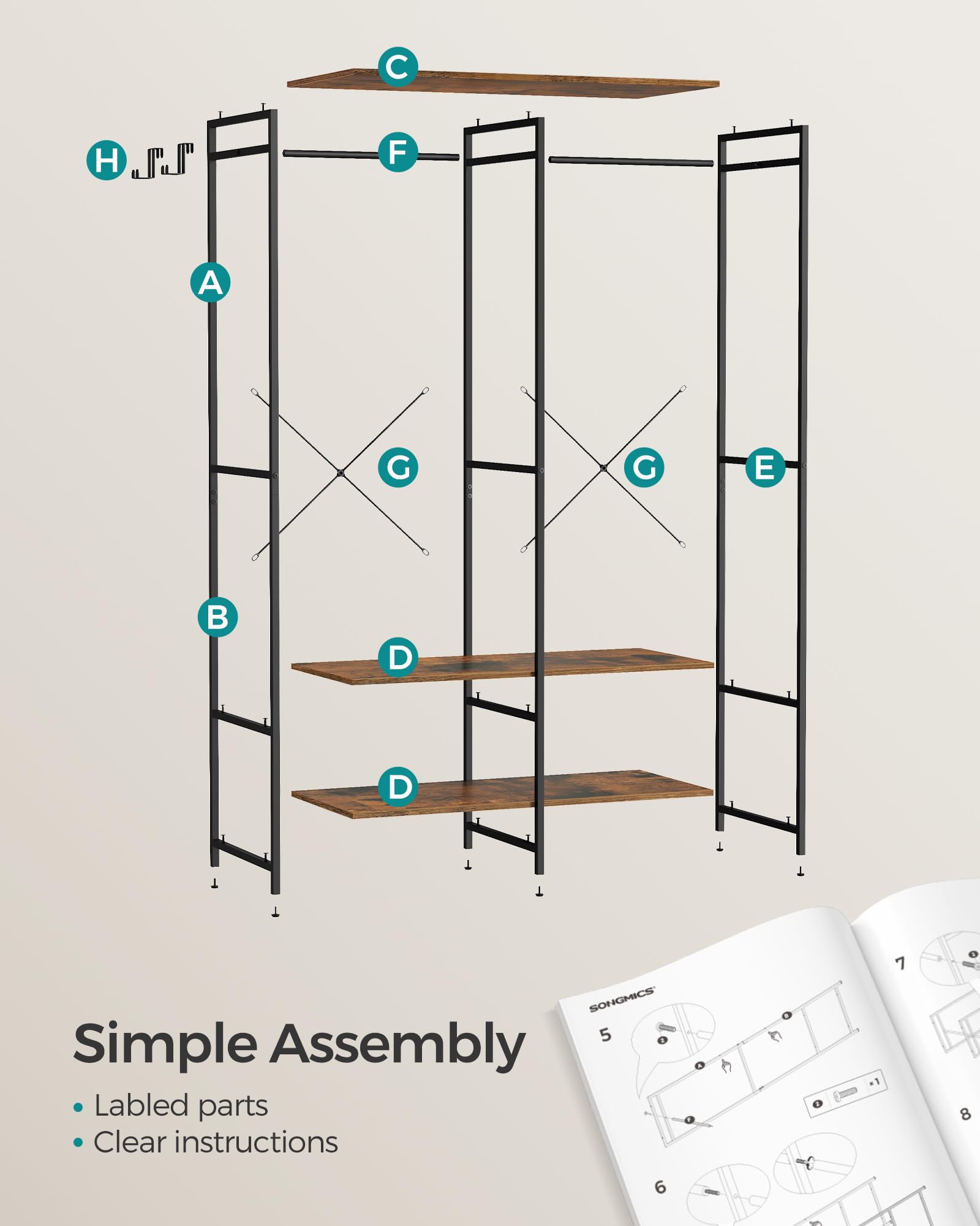 SONGMICS Clothes Rack, Iron and Wood Wardrobe Closet Organizer, Heavy Duty Garment Rack with Hanging Rods, Closet Shelves, Removable Hooks, 15.7 x 37.2 x 70.9 Inches, Rustic Brown URGR004B01