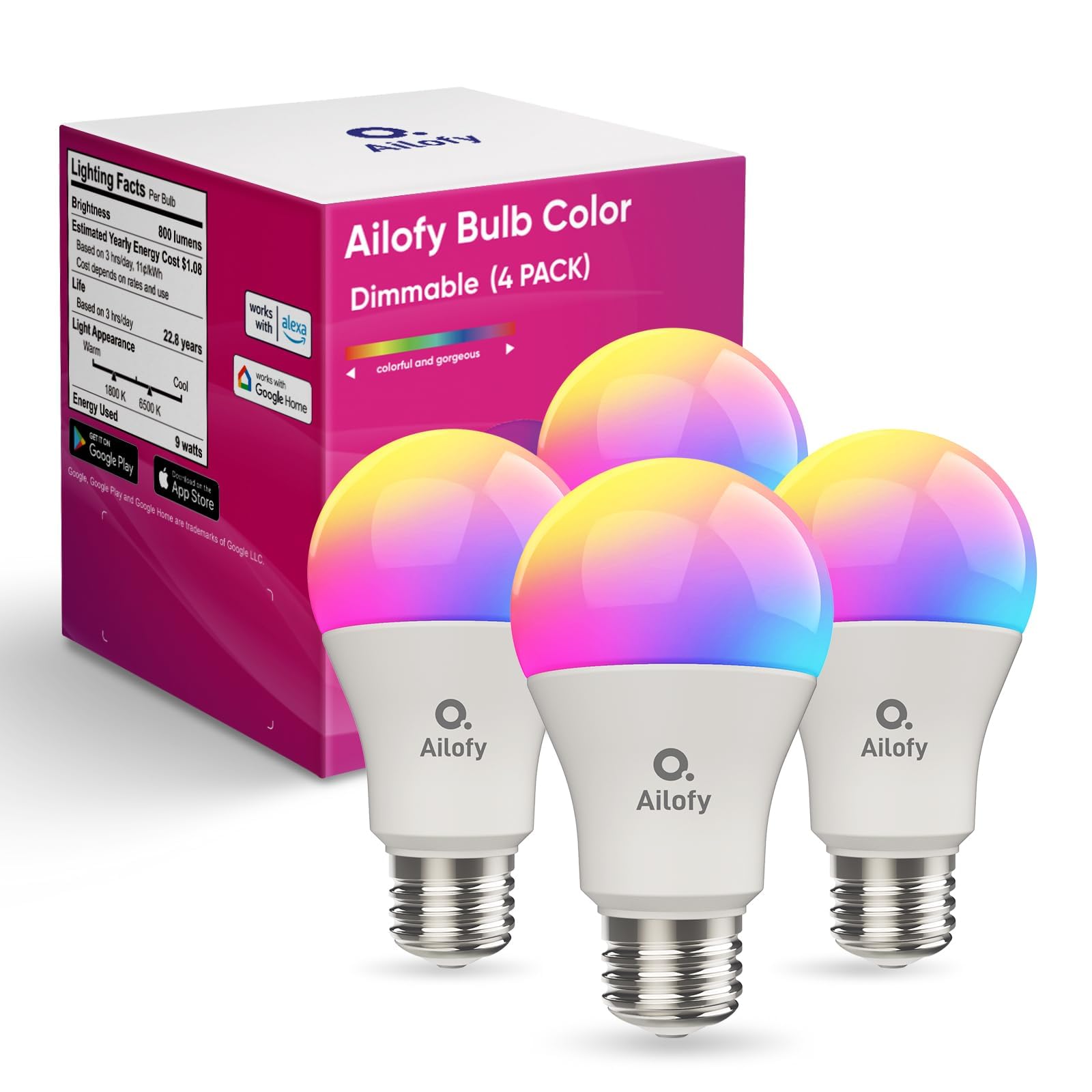 Ailofy LED Smart Light Bulbs, 16M Color Changing Dimmable, Works with Alexa & Google Assistant, RGBCW Colored Bulb, WiFi Light Bulbs, A19 E26, 9W 800LM, 1800K-6500K Tunable White, 4 Pack