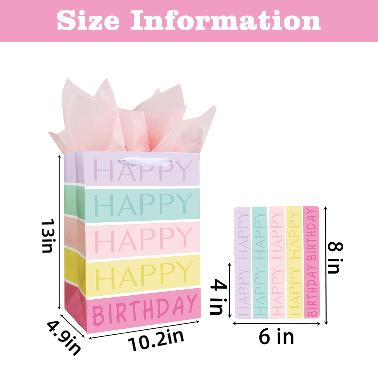 13" Large Happy Birthday Gift Bag with Tissue Paper, Card and Handles for Girls Kids Birthday Party (Rainbow Stripes)