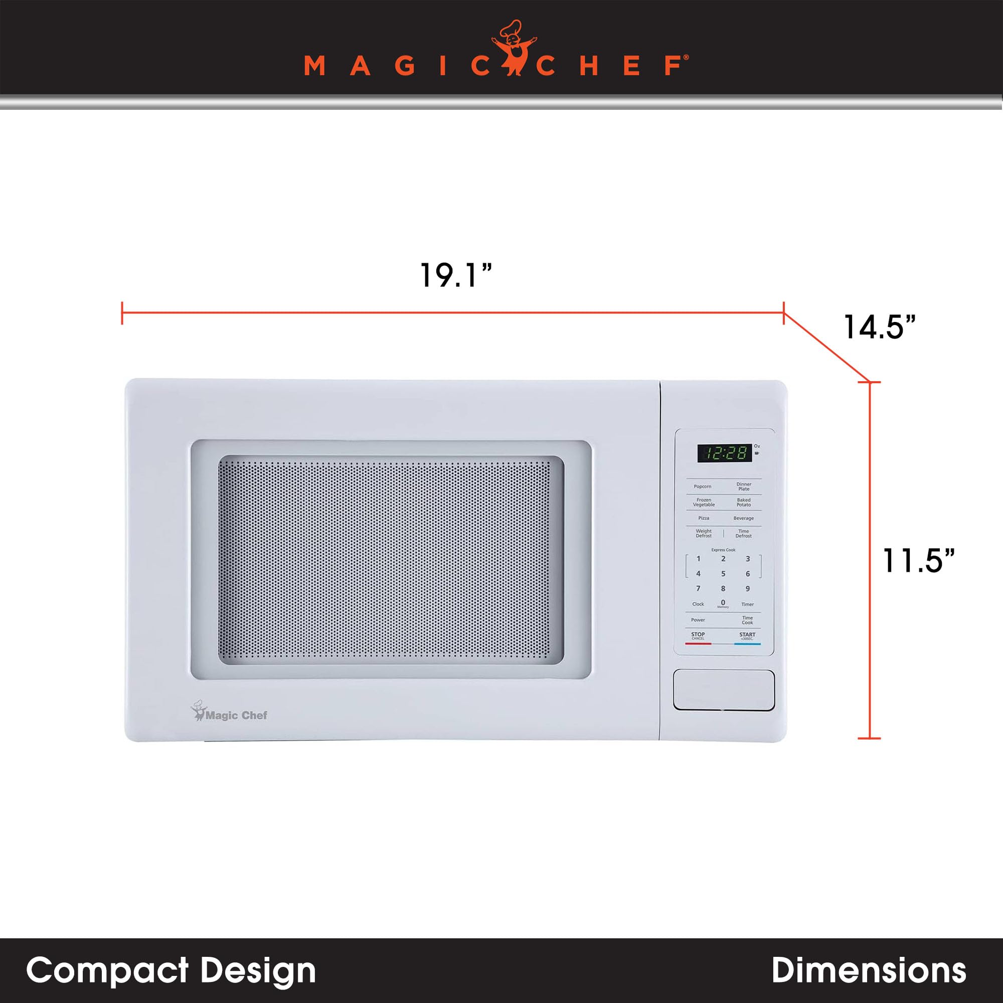 Magic Chef 0.9 Cubic Feet 900 Watt Stainless Countertop Microwave Oven for Compact Spaces with 6 Pre Programmed Cooking Modes, White