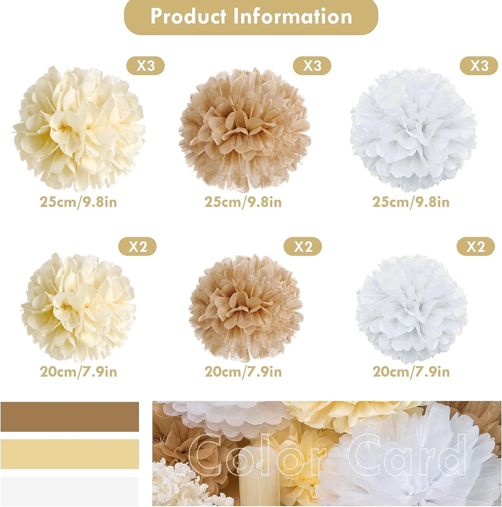 Boho Tissue Paper Pom Poms Champagne Neutral Party Decorations Creamy White Light Brown Paper Flowers for Wedding Birthday Engagement Receptions Boho Bridal Baby Showers Party Supplies -15pcs