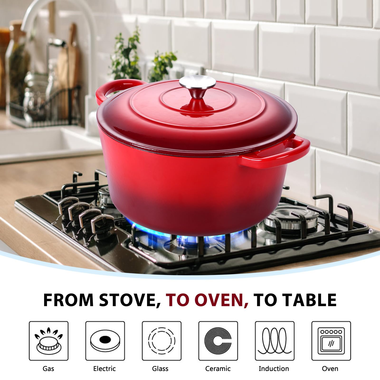 E-far Enameled Cast Iron Dutch Oven with Lid, 6 Quart Round Dutch Oven Pot Nonstick Cookware for Braising, Stews, Roasting, Bread Baking, Cooking, Heavy Duty, Induction & Oven Safe - Red