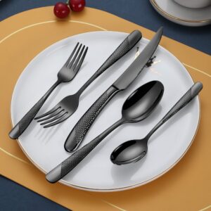 Lemeya 20-Piece Hammered Black Silverware Set for 4 with Serrated Forging Knives,18/10 Stainless Steel Modern Flatware Set,Unique Cutlery Set Spoons and Forks Set,Mirror Polished,Dishwasher Safe