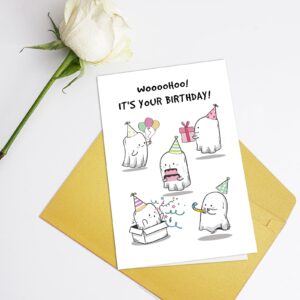 Cute Ghosts Birthday Card for Men Women, Funny Halloween Birthday Card for Friends, Humorous Cartoon Birthday Card for Him Her