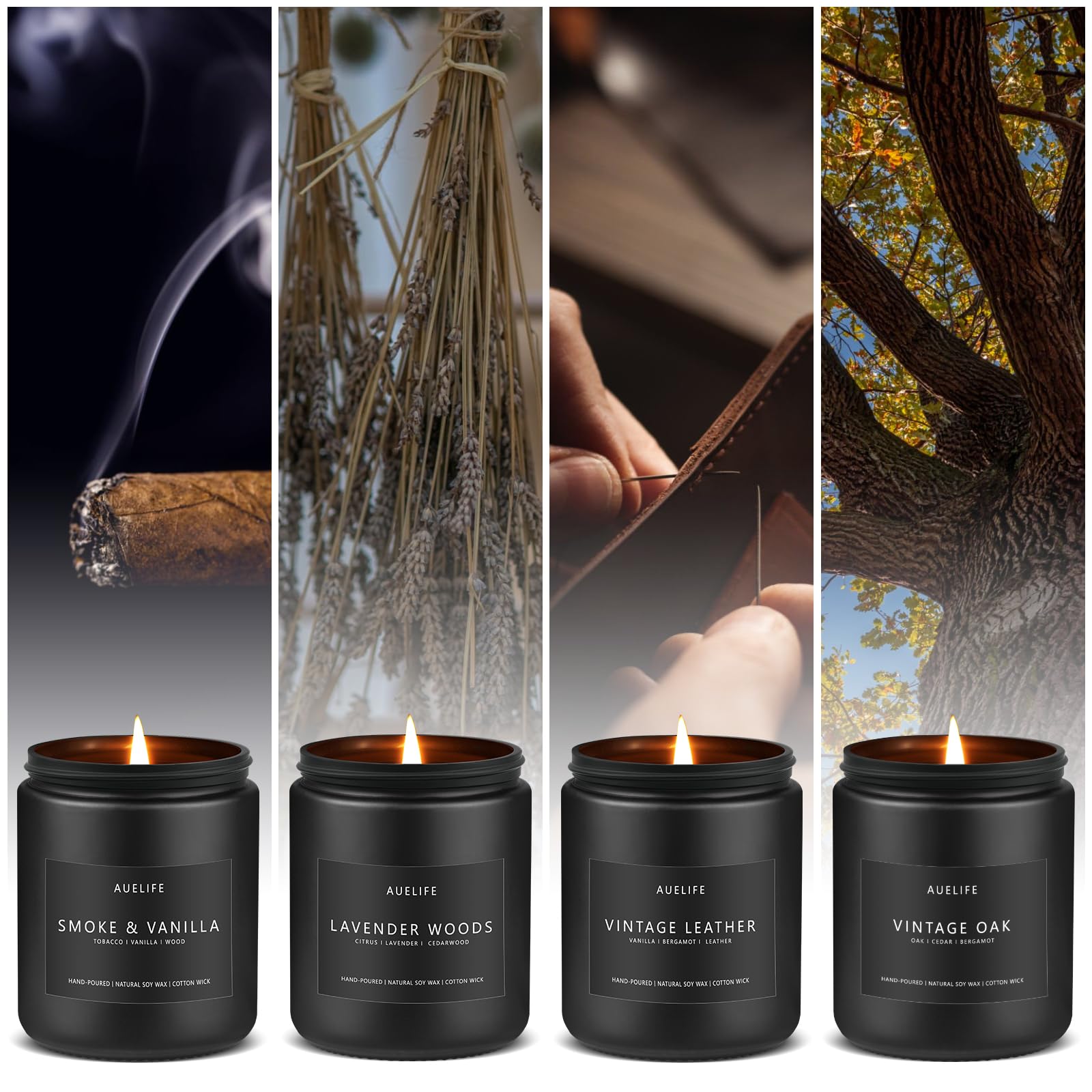 Scented Candles Set | Men Candle Set, Scented Candles for Home, Gifts for Men - 4 Pack Men Candle Gifts Soy Candles Scents of Lavender/Leather/Oak/Smoke & Vanilla