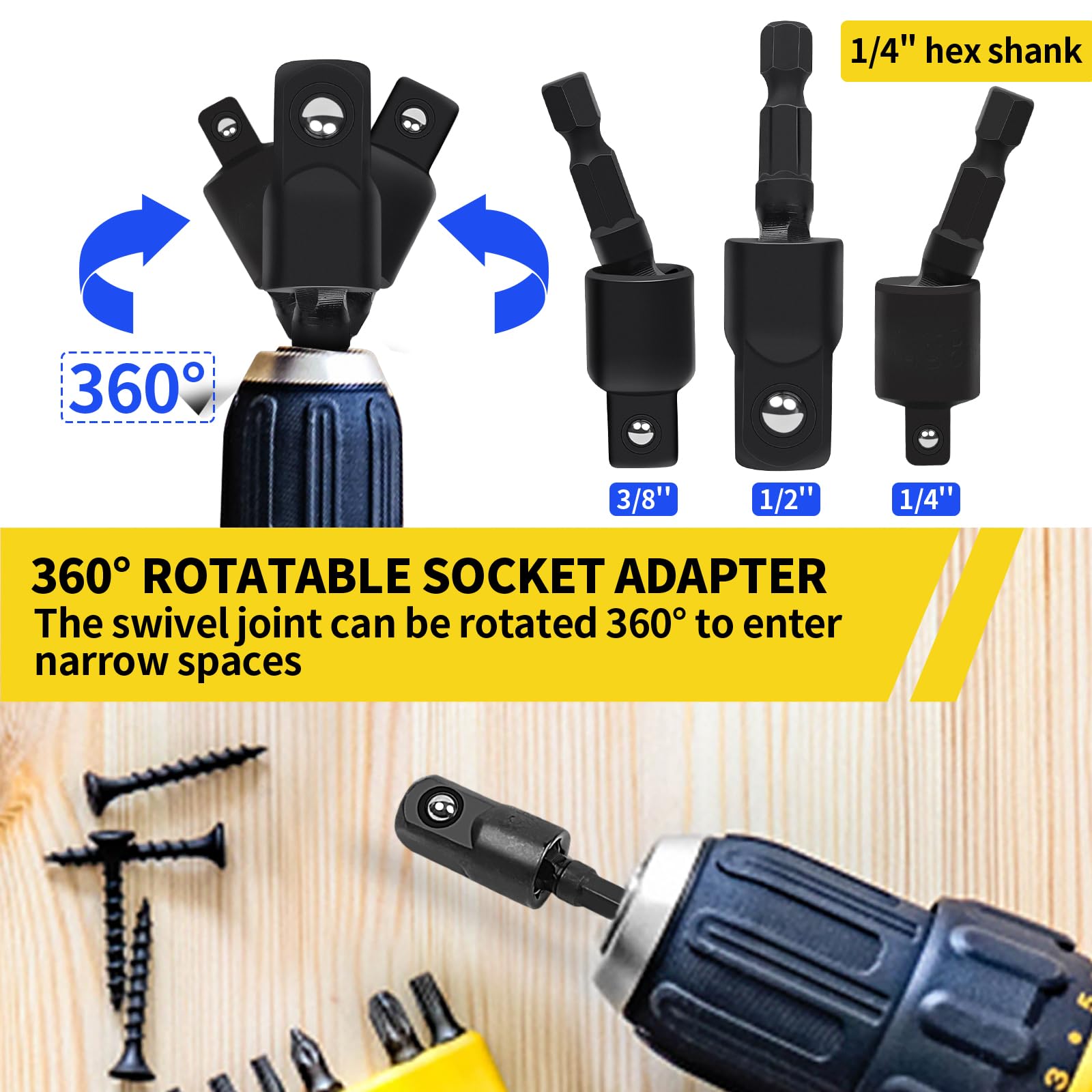 Flexible Drill Bit Extension Set, 105° Right Angle Drill Attachmen, Rotatable Joint Socket 1/4 3/8 1/2 In Hex Socket Adapter, Bendable Drill Bit Extension, Bit Holder Extension Screwdriver Bit Kit