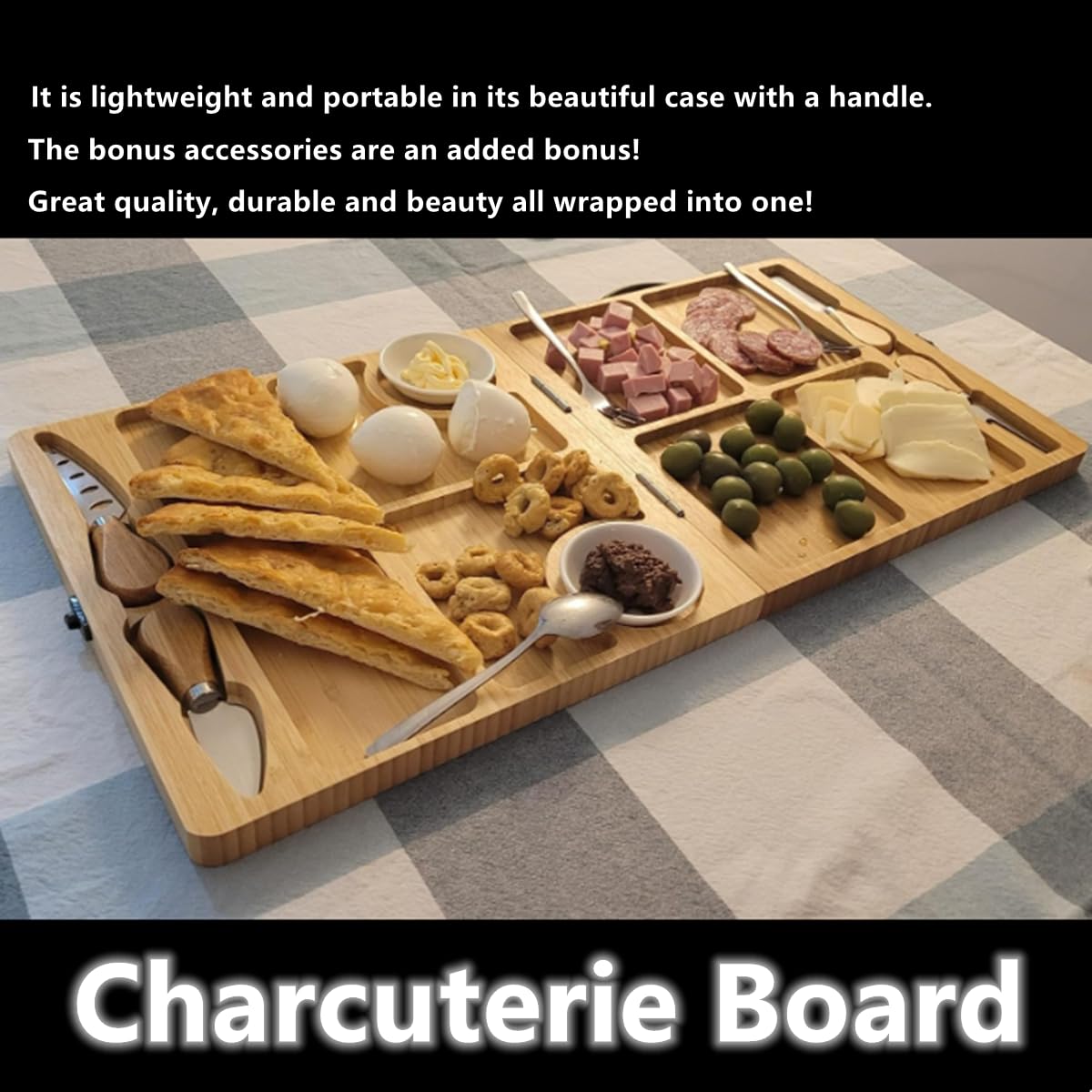 NatureNest Large Bamboo Charcuterie Board, Folding Portable Cheese Serving Tray, Multipurpose Cheese Board Knife Set, Suitable for Outdoor, Wedding Anniversary, Christmas, Thanksgiving Gifts (Medium)