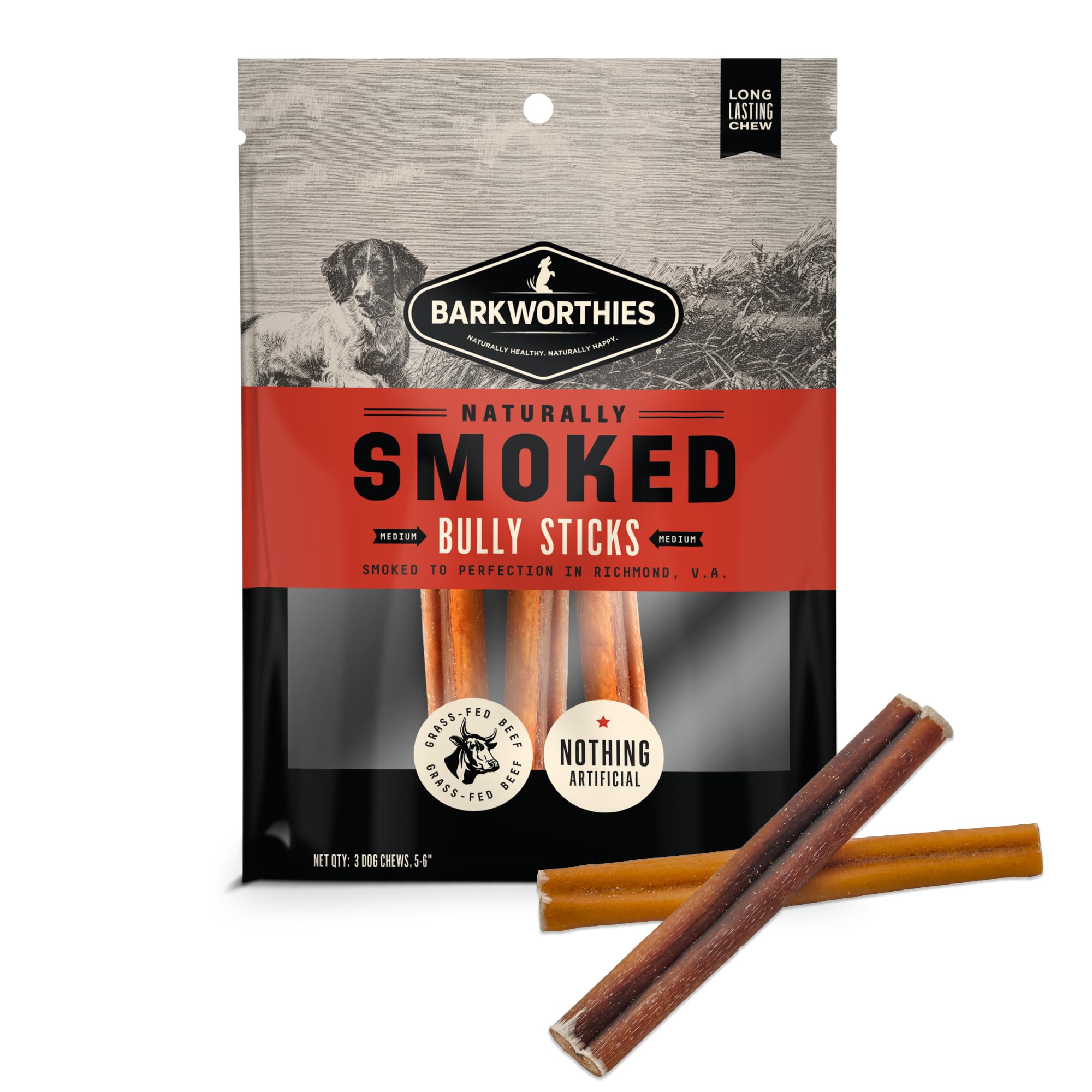 Barkworthies USA Hickory Smoked Bully Sticks 6 Inch 3-Pack - Amazing Aroma, Great Taste - All Natural Smoked Bully Sticks for Large Dogs