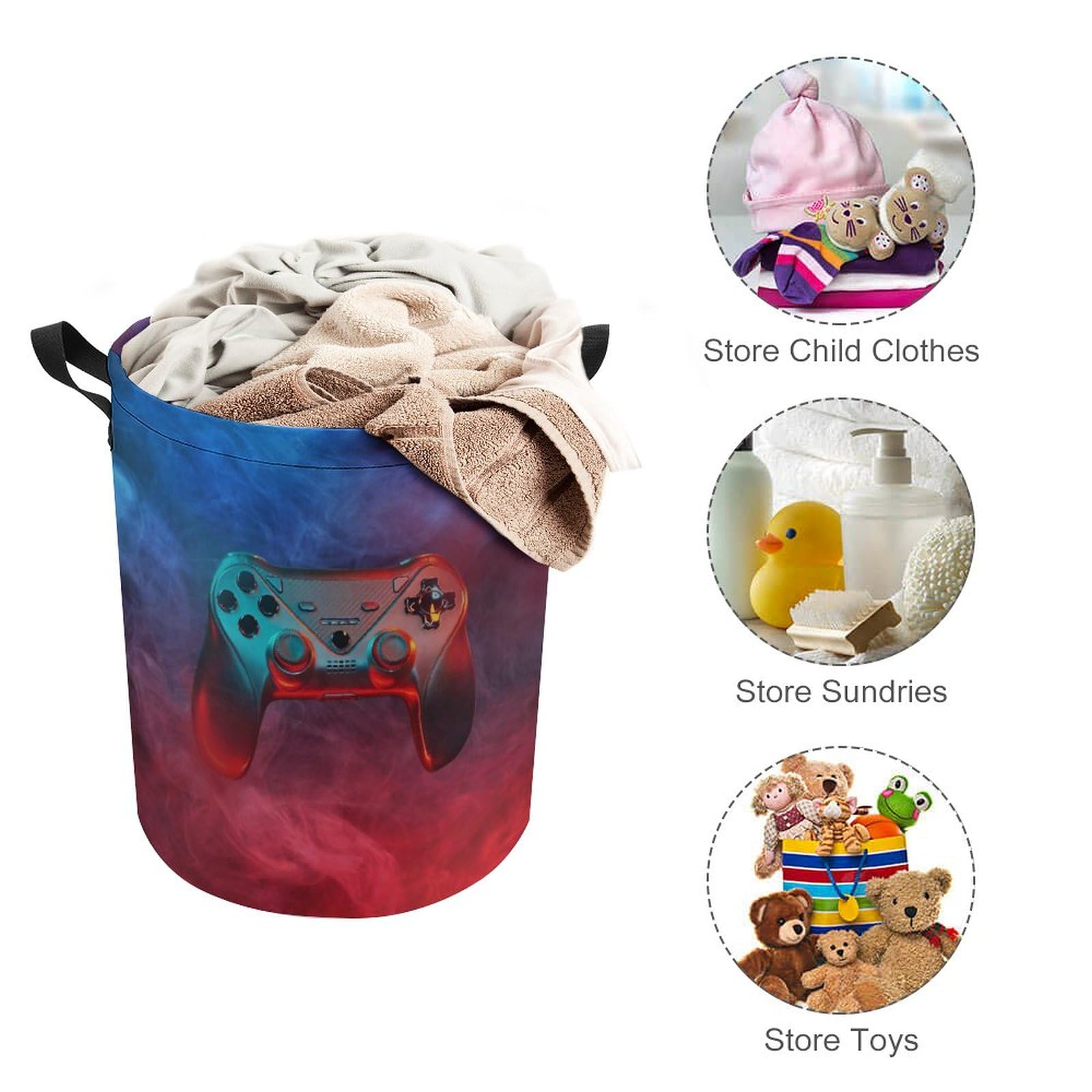 Teens Gamepad Kids Laundry Basket Modern Red Blue Mist Gamepad Video Game for Bathroom Storage College Dorm Family One Size