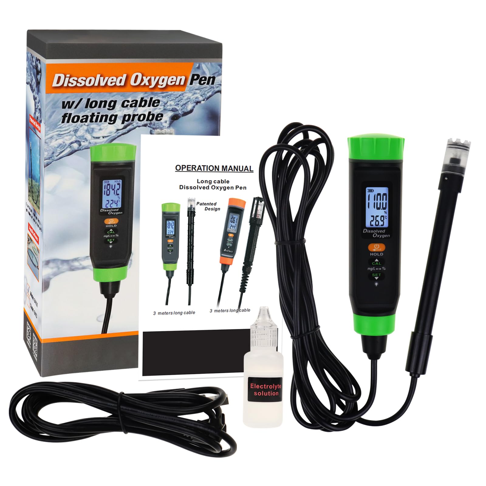 Digital Rechargeable Dissolved Oxygen Meter | Precise DO Tester w/Self-Floating Probe, Long Cable, LCD & Eco-Friendly Battery | Ideal for Fish Tanks, Hydroponic & More