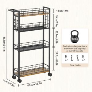 LASZOLA Slim Storage Cart with Wheels, 4 Tier Mobile Narrow Shelving Unit Organizer Utility Cart with Handle, Skinny Rolling Trolley for Small Space Kitchen Bathroom Laundry, Black and Rustic Brown