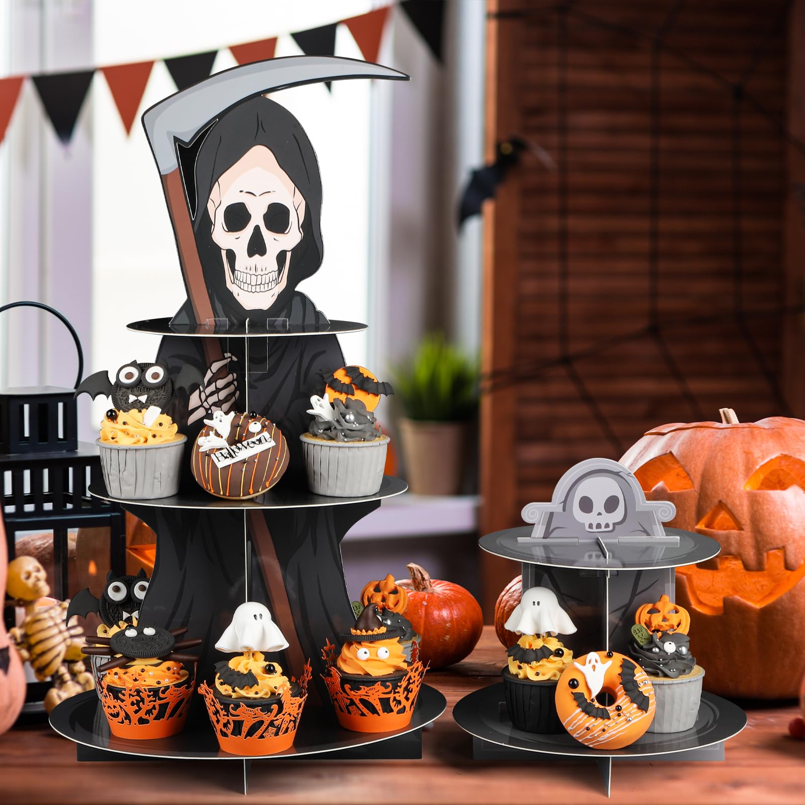 Halloween Cupcake Stand for 24 Cupcakes, Death and Tombstone Halloween Cupcake Decorations, Cardboard Cupcake 3 Tier and 2 Tier Set, Halloween Party Supplies. (Death)