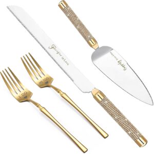 roxburgh wedding cake knife and server set, 420 stainless steel gold cake cutter and pie server slicer, rhinestones studded handle cake cutting set for wedding, engagement present for groom and bride