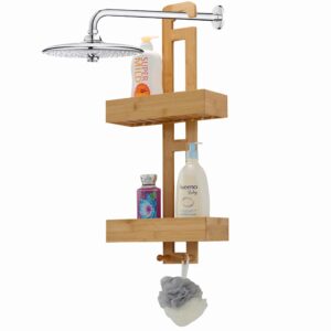 basicwise bathroom multi-function natural bamboo storage rack over shower head organizer, shower ball, shampoo, conditioner, soap holder