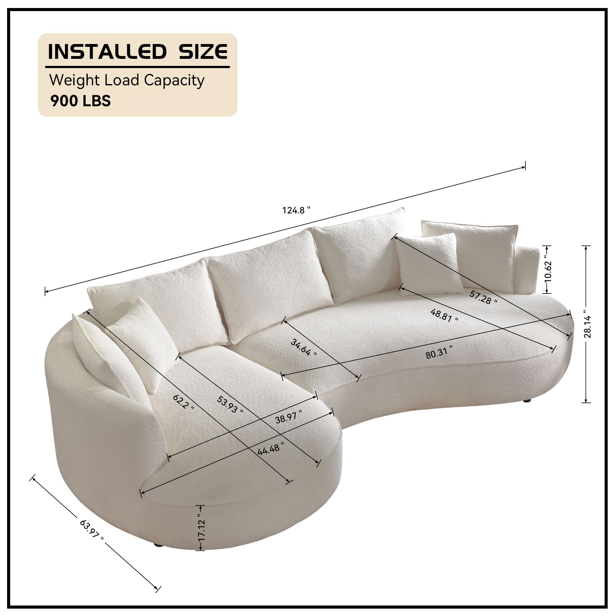 WILLIAMSPACE 124.8" Modern Curved Sofa Couch, Upholstery Boucle Sofa Couch with Pillows, Left Hand Facing Sectional Boucle Fabric Couch for Living Room (Left-Facing,Light Cream)