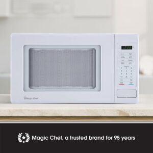 Magic Chef 0.9 Cubic Feet 900 Watt Stainless Countertop Microwave Oven for Compact Spaces with 6 Pre Programmed Cooking Modes, White