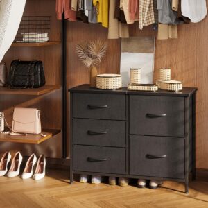 AODK Dresser for Bedroom Dresser TV Stand with 5 Storage Drawers, Small Fabric Dresser Chest of Drawers for Closet Organizer Clothes, Black