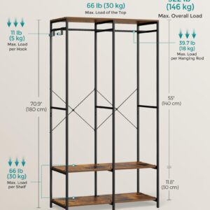 SONGMICS Clothes Rack, Iron and Wood Wardrobe Closet Organizer, Heavy Duty Garment Rack with Hanging Rods, Closet Shelves, Removable Hooks, 15.7 x 37.2 x 70.9 Inches, Rustic Brown URGR004B01