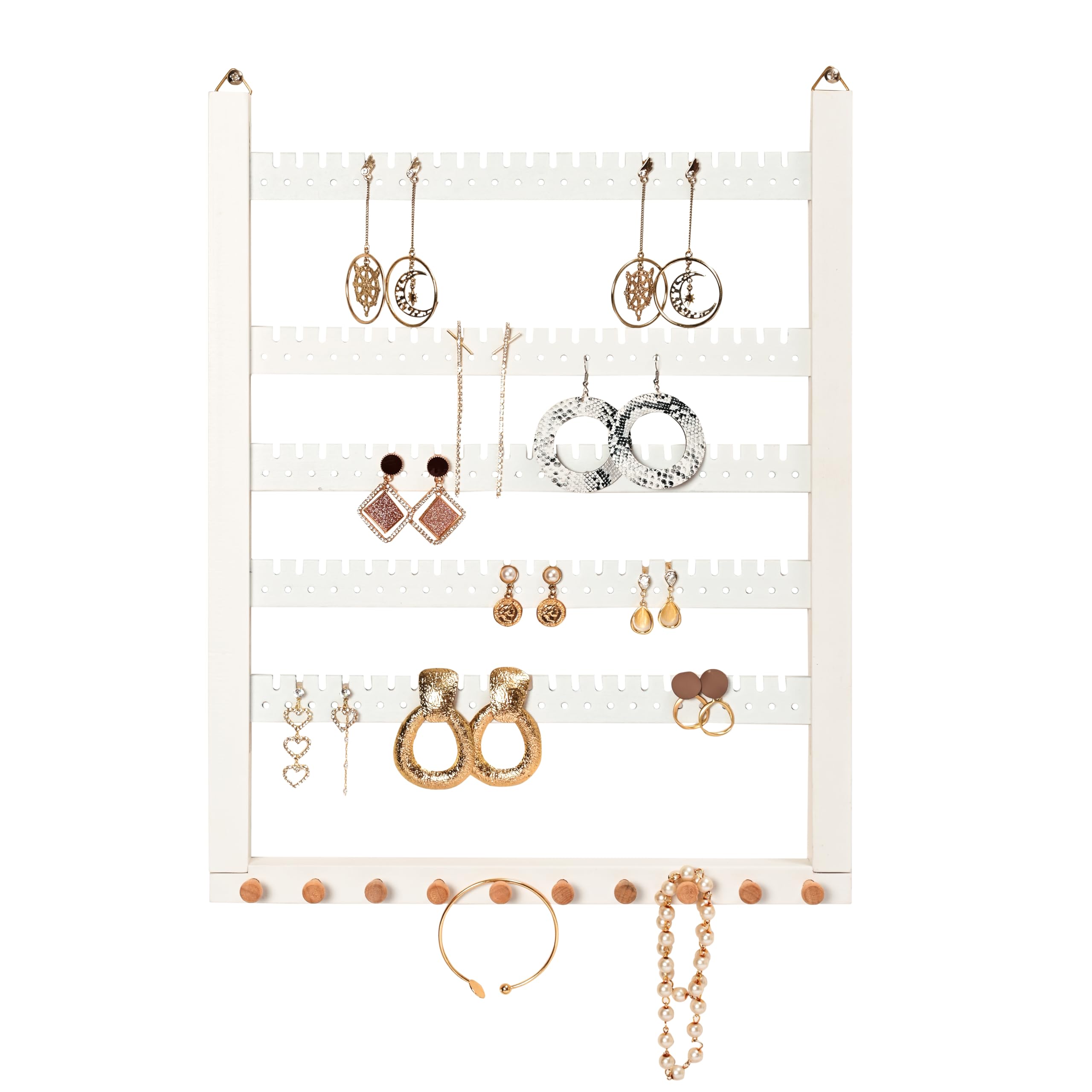 Wall Mounted Earring Organizer, Earring Holder Organizer Wall,Solid Wood Earring Hanging Jewelry Organizer and Storage, Wooden Necklace Holder, Earring Display for Studs, Dangling, Bracelet and Rings