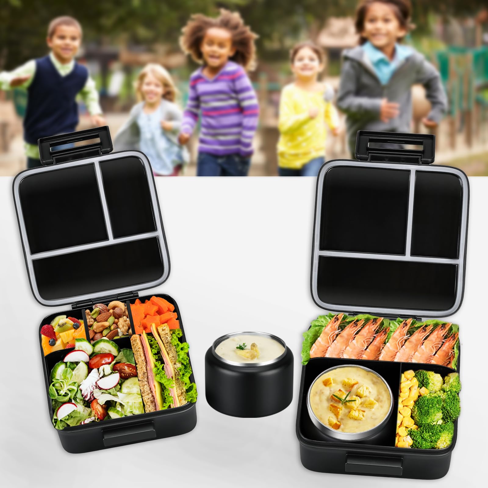 MAISON HUIS Kids Bento Lunch Box Set With 8oz Soup Thermo, Leakproof Lunch Containers with 5 Compartment, Thermo Hot Food Jar and Insulated Lunch Bag, BPA Free,Travel, School -Black