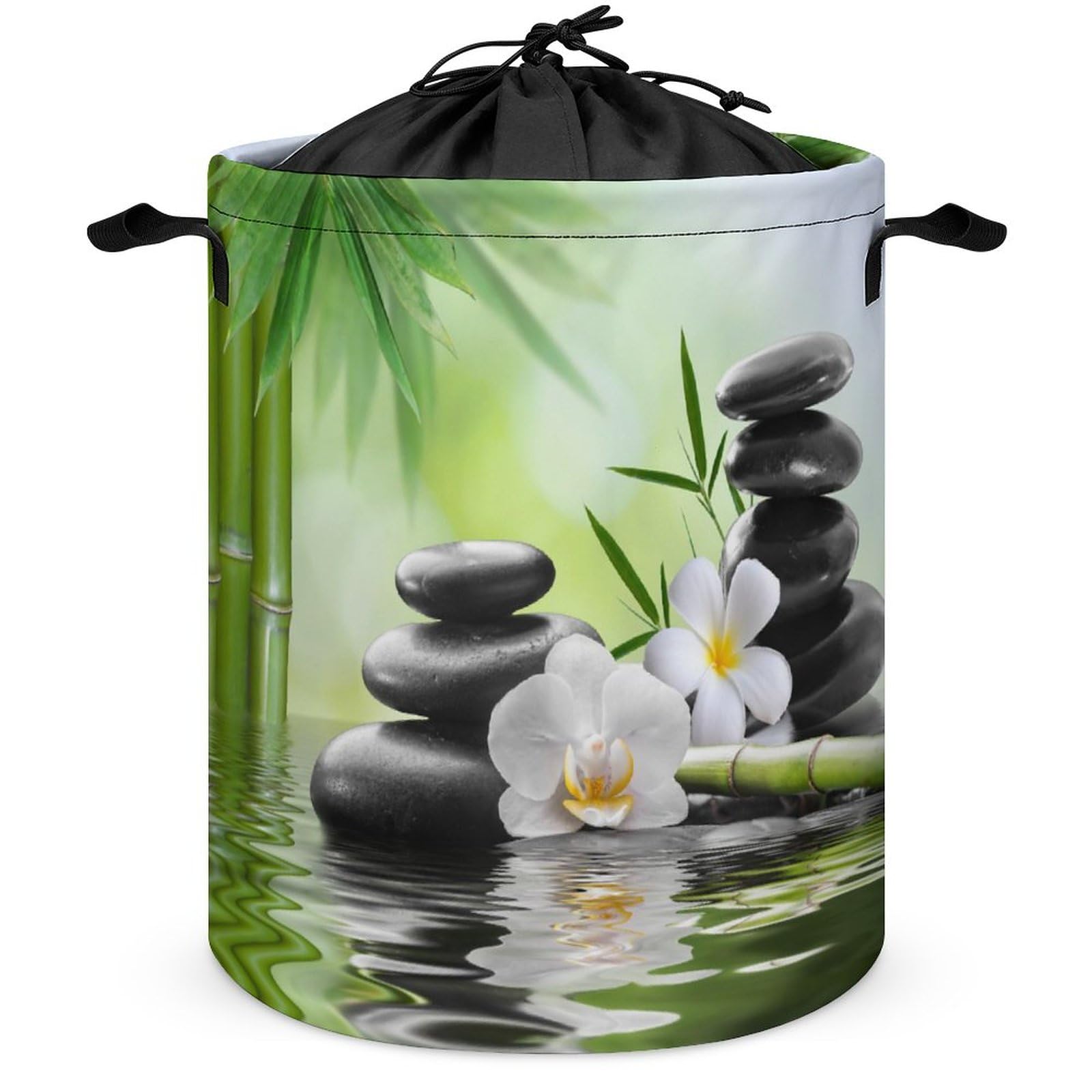 Zen Spring Garden Foldable Waterproof Laundry Basket Japanese Style Spa Black Stone White Flower Green Bamboo Print for Blanket Toys Dirty Clothes in Living Room Bathroom Bedroom One Size