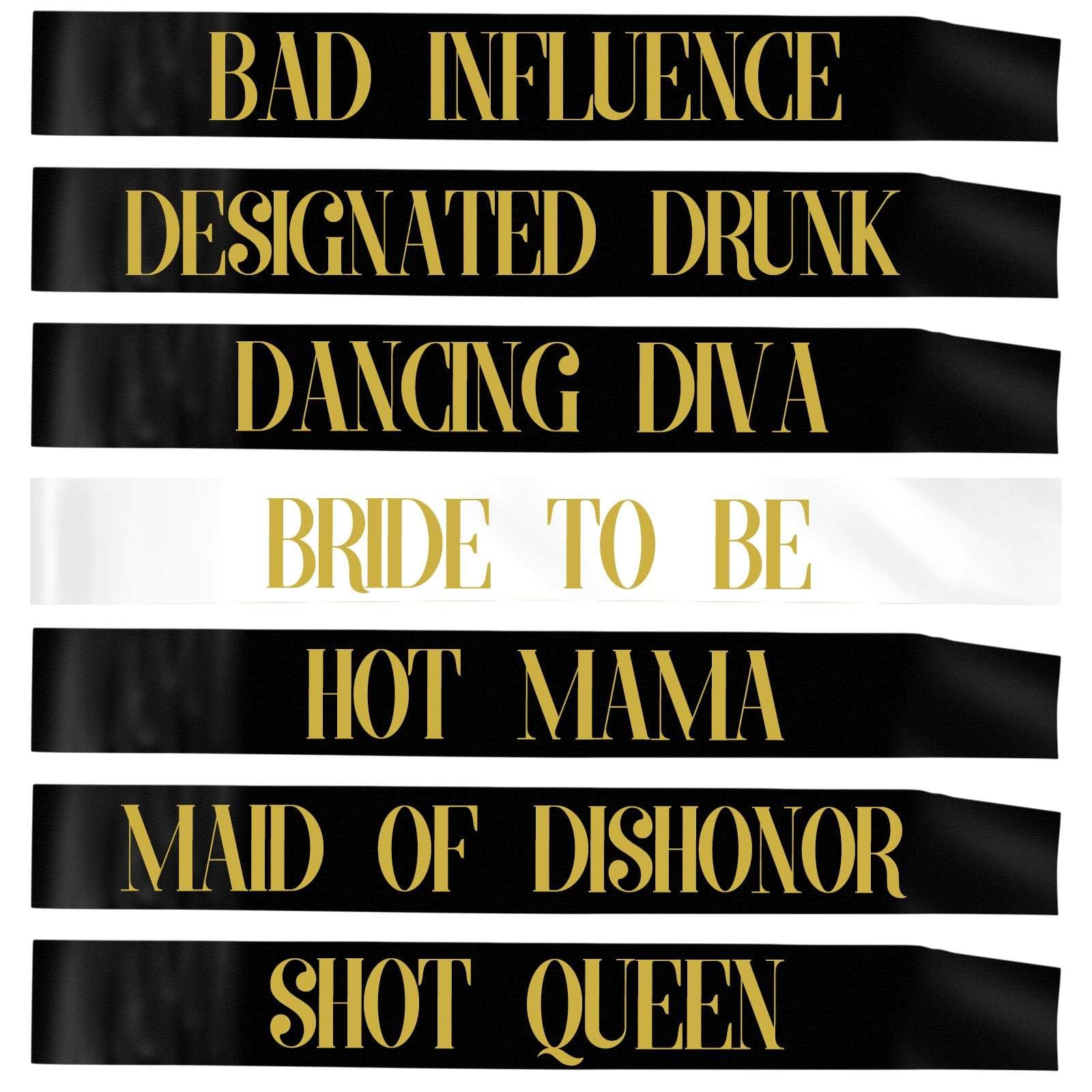 Bachelorette Sash Set (7 pcs) - Bride to Be Sash Bachelorette Party Decorations - Bride and Bridesmaid Sashes for Bachelorette party decorations (Black, Gold letters). Ideal Bridal Shower Supplies